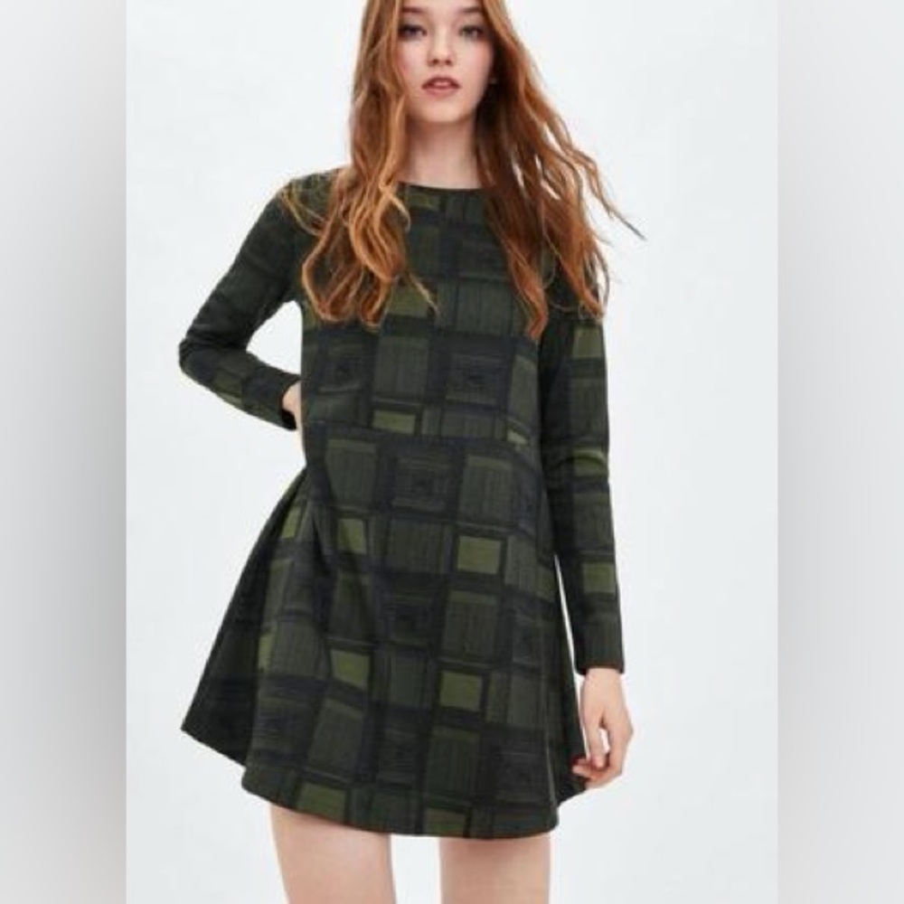 Zara Trafaluc Dark Green Checkered Long Sleeve Dress Size Medium